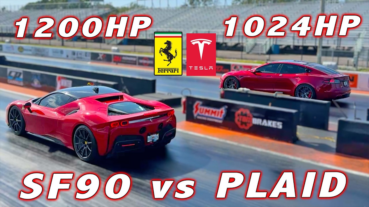 1,200 HP Ferrari SF90 vs Tesla Plaid 1/4 Mile Drag Race * New Personal best * Charged by EVDANCE