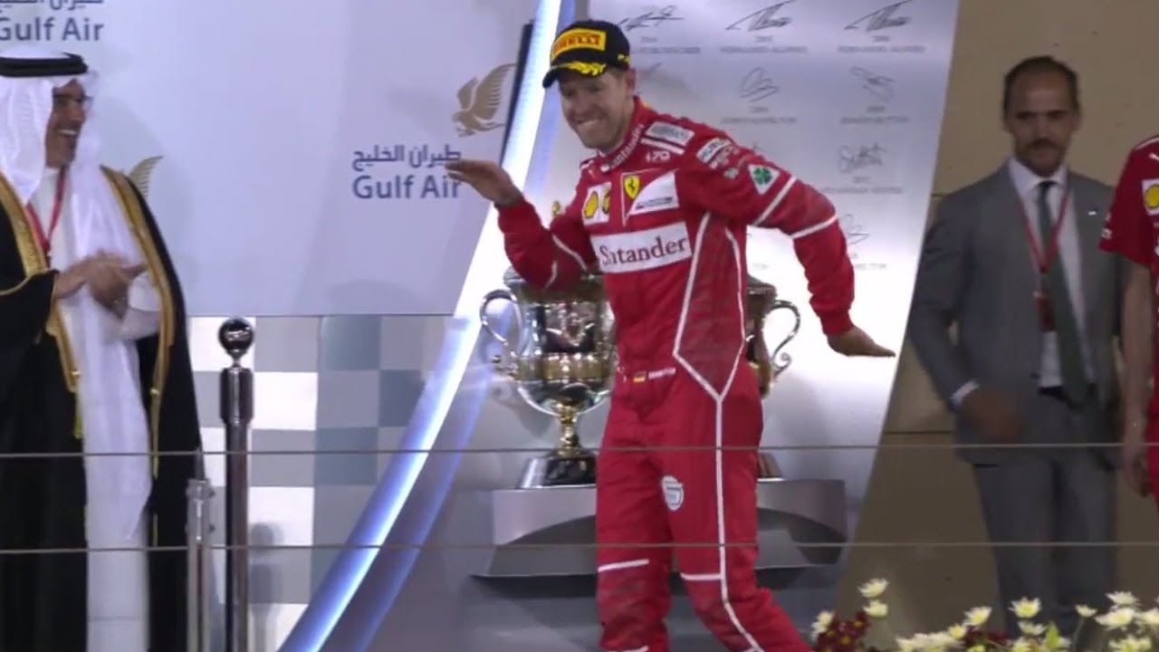 F1 2017 Bahrain GP - Sebastian Vettel's victory dance on the podium