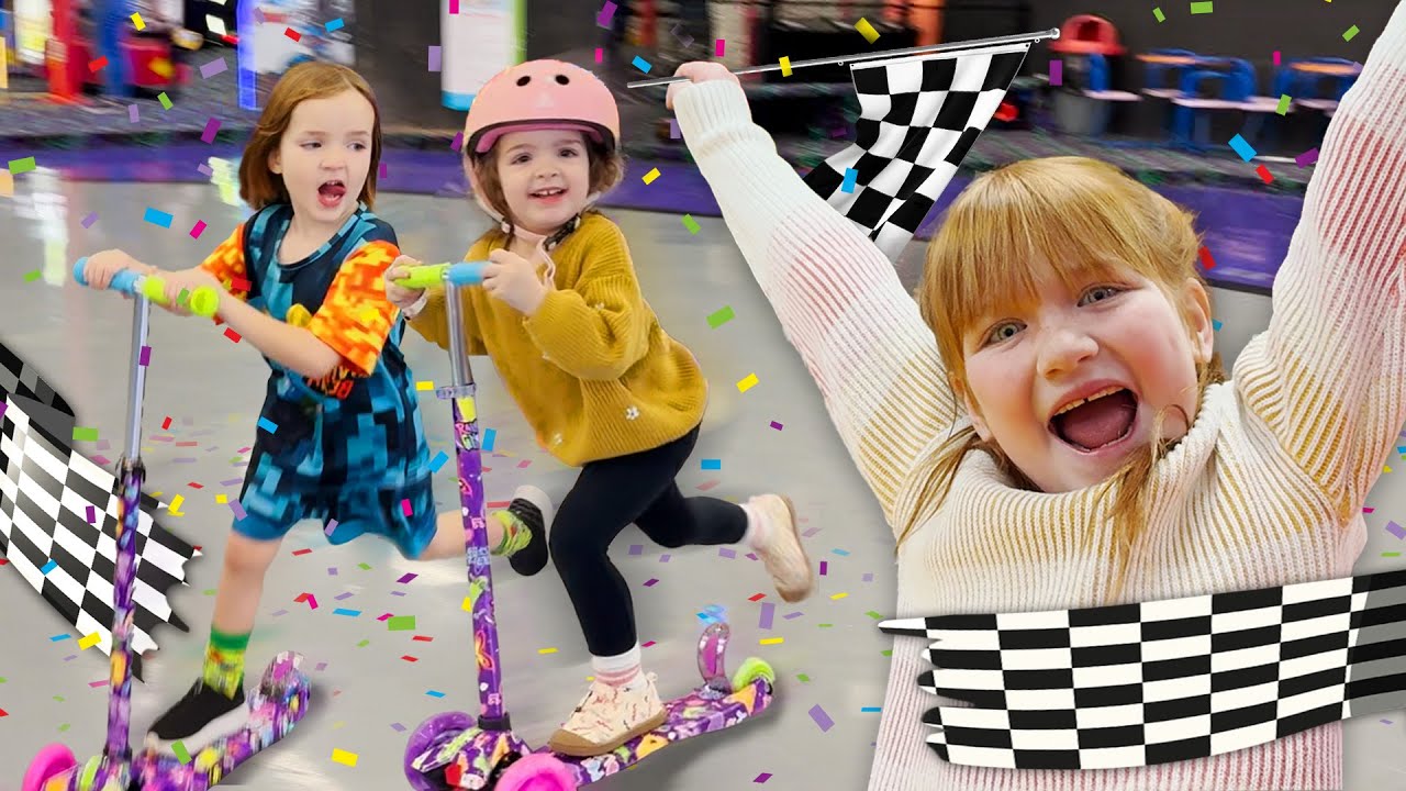 RACiNG SCOOTERS and RiDiNG ROLLERBLADES!!  Adley Niko & Navey play Laser Tag then slide Hide n Seek