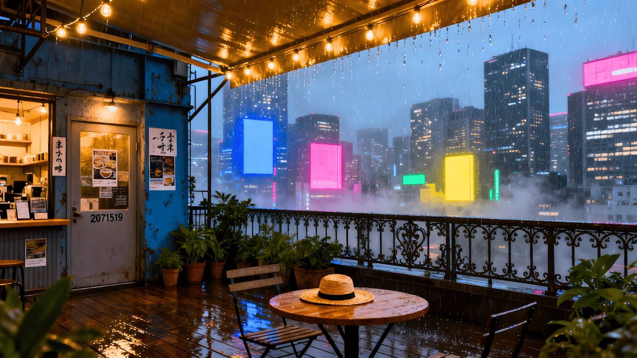 A Quiet Rooftop Escape — Rainy City Night to Relax & Focus