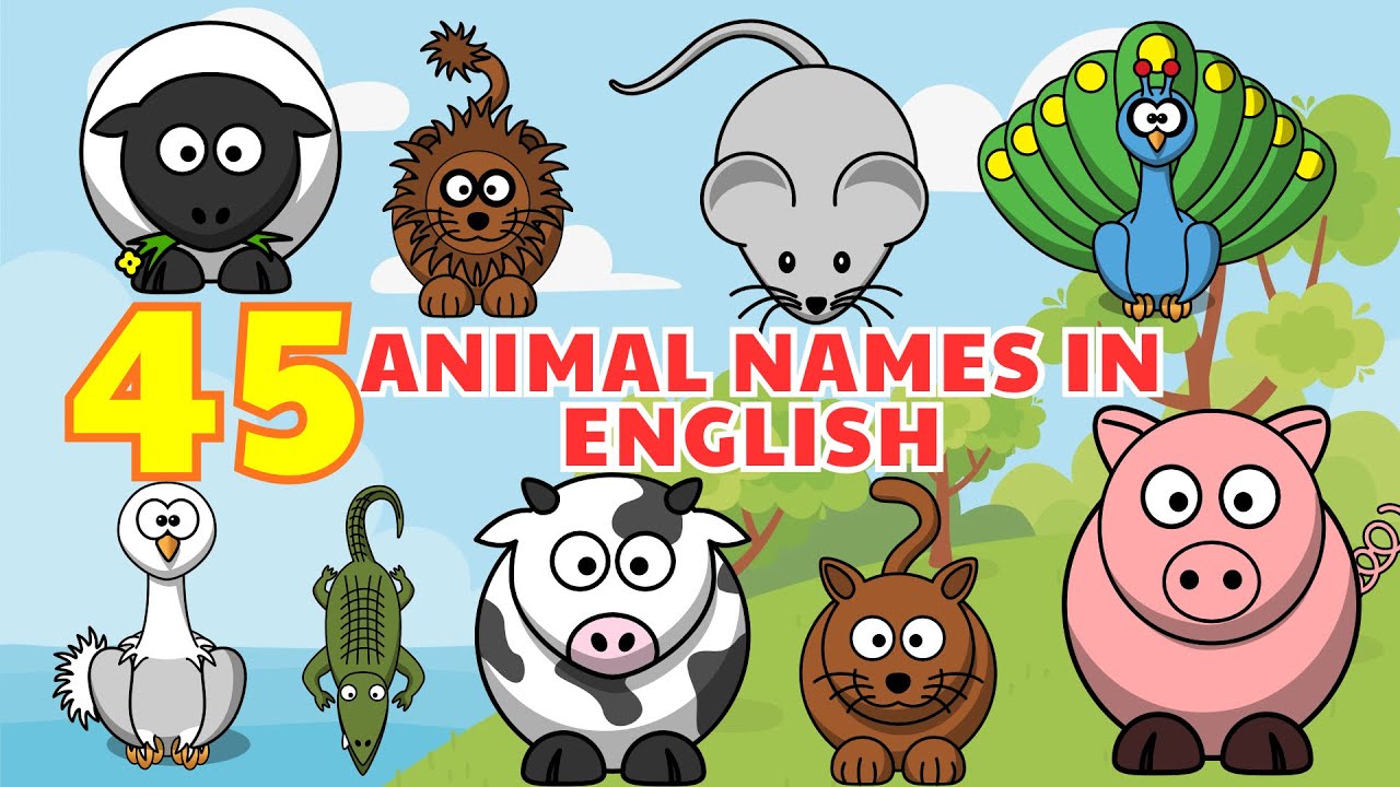 45 animal names in English / Learn animal names in English : Cow , pigs, Dog , cat, lion 