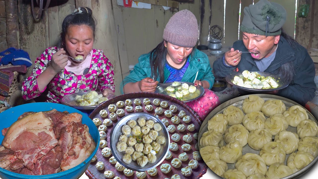 Home made pork MOMO Cooking & Eating in village kitchen || Village style momo recipe || momo mukbang