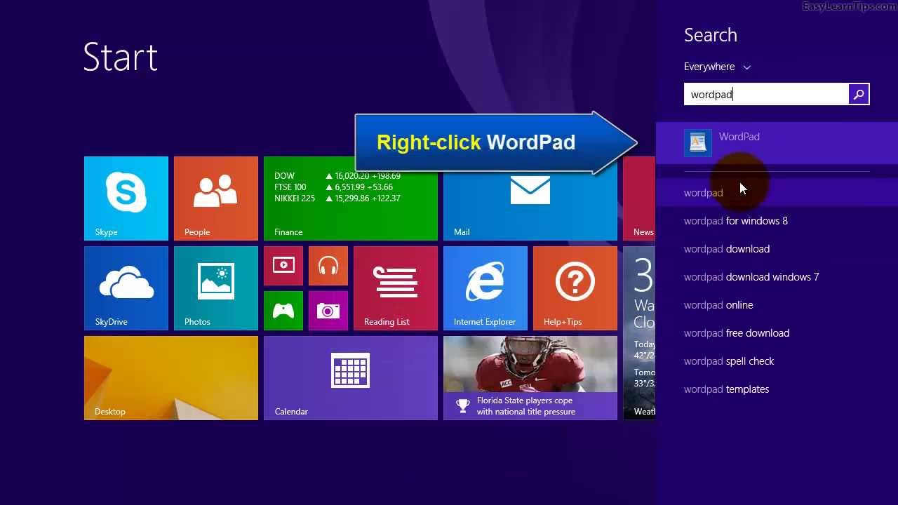 Windows 8.1 - Adding WordPad as a Shortcut on Desktop (using mouse)