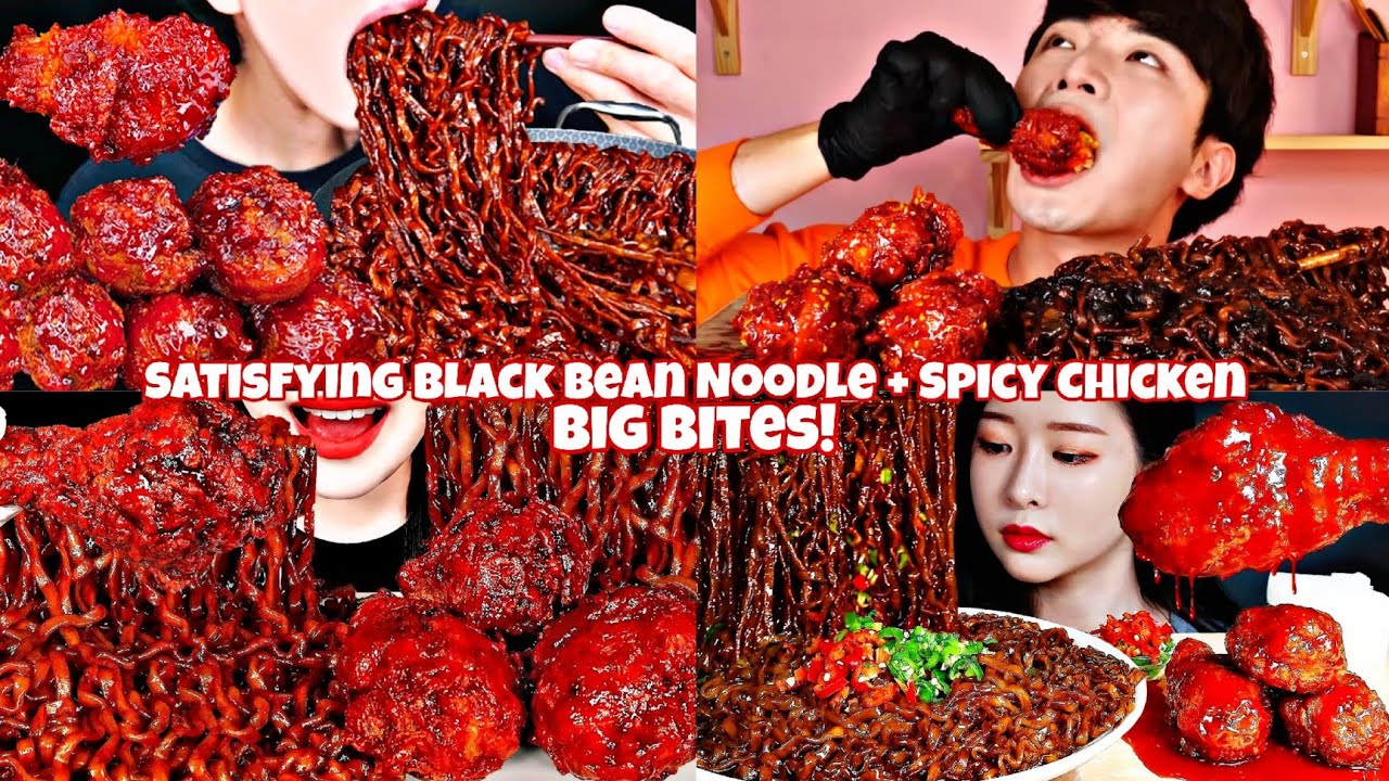 MUKBANG Black Bean Noodles + Spicy Chicken | Satisfying Big Bites!🌶️🔥🍗➕🍜⚫🥵😋