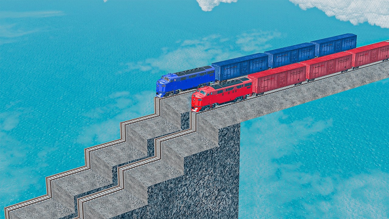 Double Colorful Train Vs Double Wavy Impossible Weird Rail Tracks Crossing Deepwater | BeamNG.drive