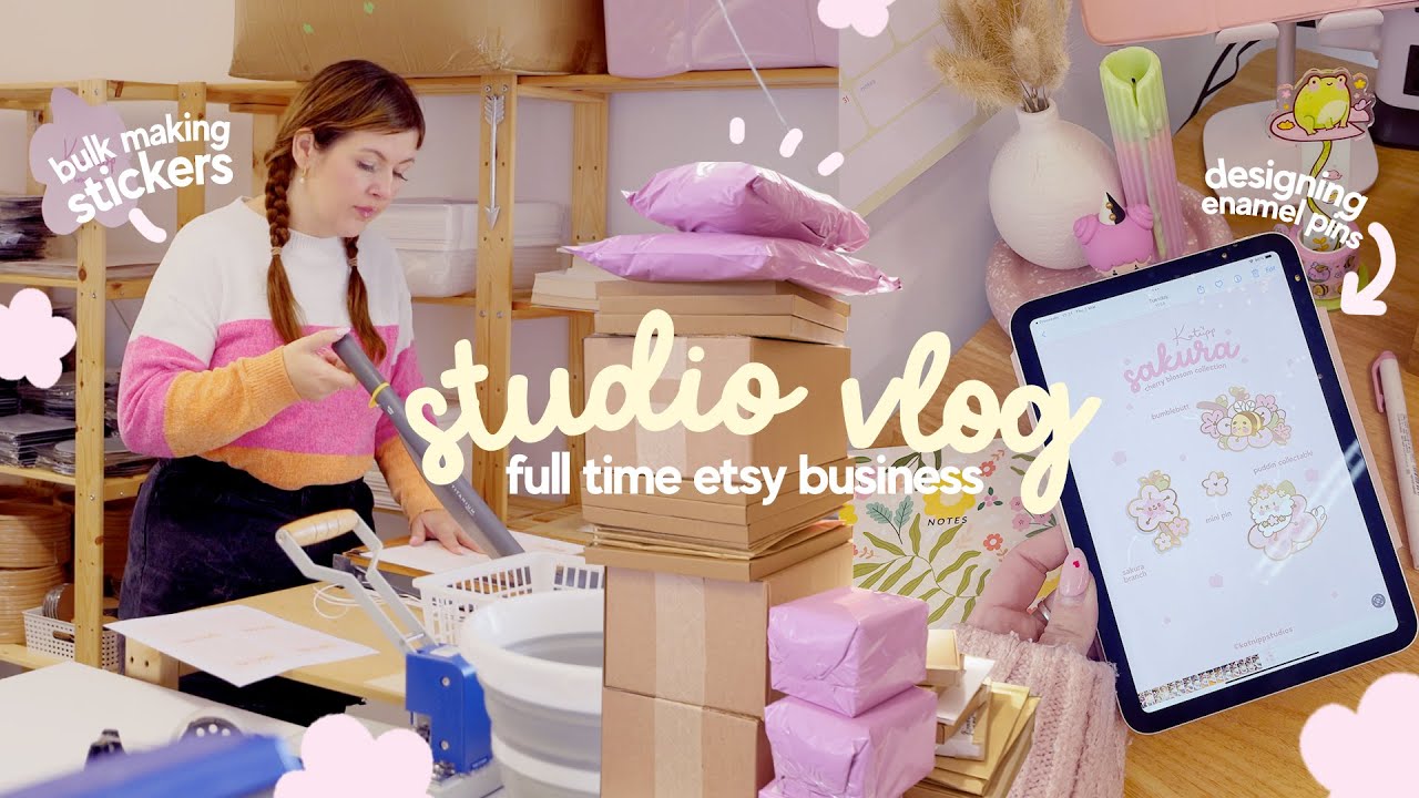 ETSY BUSINESS DIARIES ✿ Bulk making Sticker packs using 4 cricut machines & Enamel pins on a Ipad