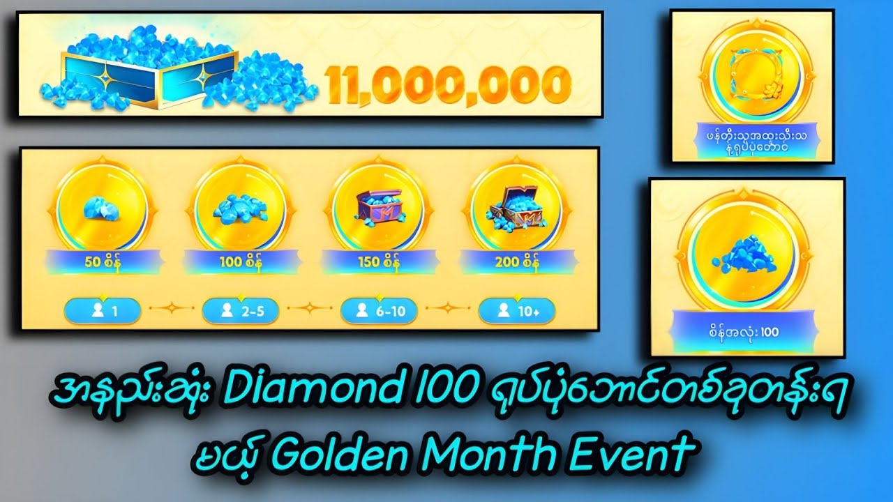 အနည်းဆုံး Diamond 100 ရုပ်ပုံဘောင်တစ်ခုရမယ့် Golden Month Event 