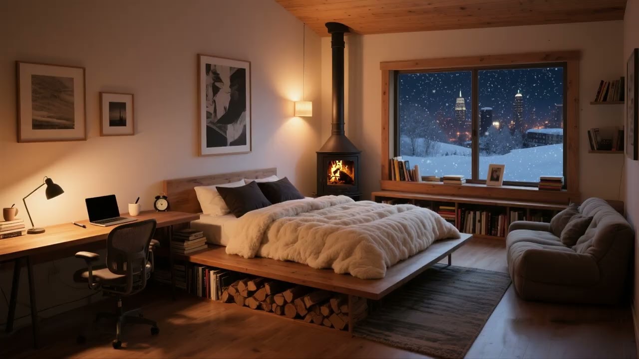 Heavy Snowfall Outside the Cabin | Cozy Fireplace Sounds for Deep Sleep & Relaxation