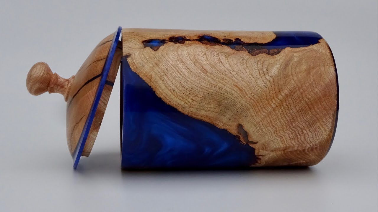 Wood turning - English Ash jar with lid. Wood and resin project.