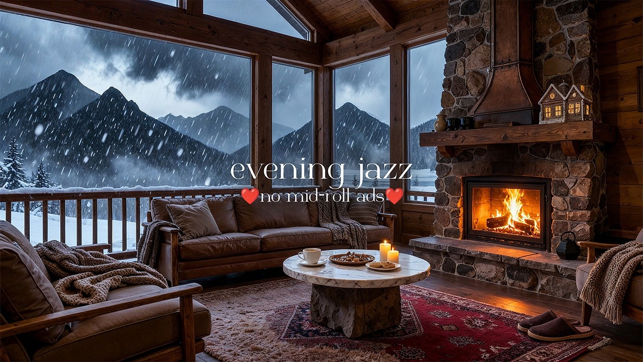 🔥 Warm Winter Evening Jazz (NO MID-ROLL ADS) – Cozy Fireplace & Snowy Forest Mood