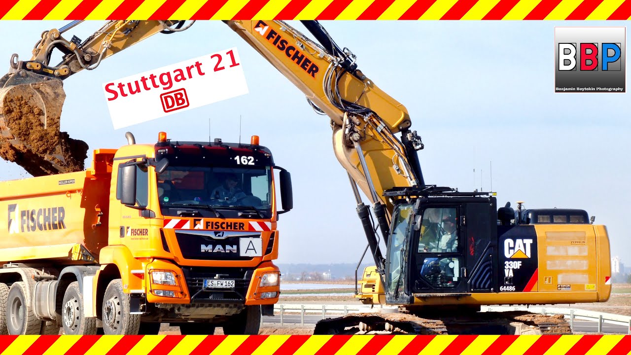 Stuttgart 21: Caterpillar 330F VA & MAN, Mercedes Trucks, PFA 1.3, Stuttgart, Germany, 01.03.2022.