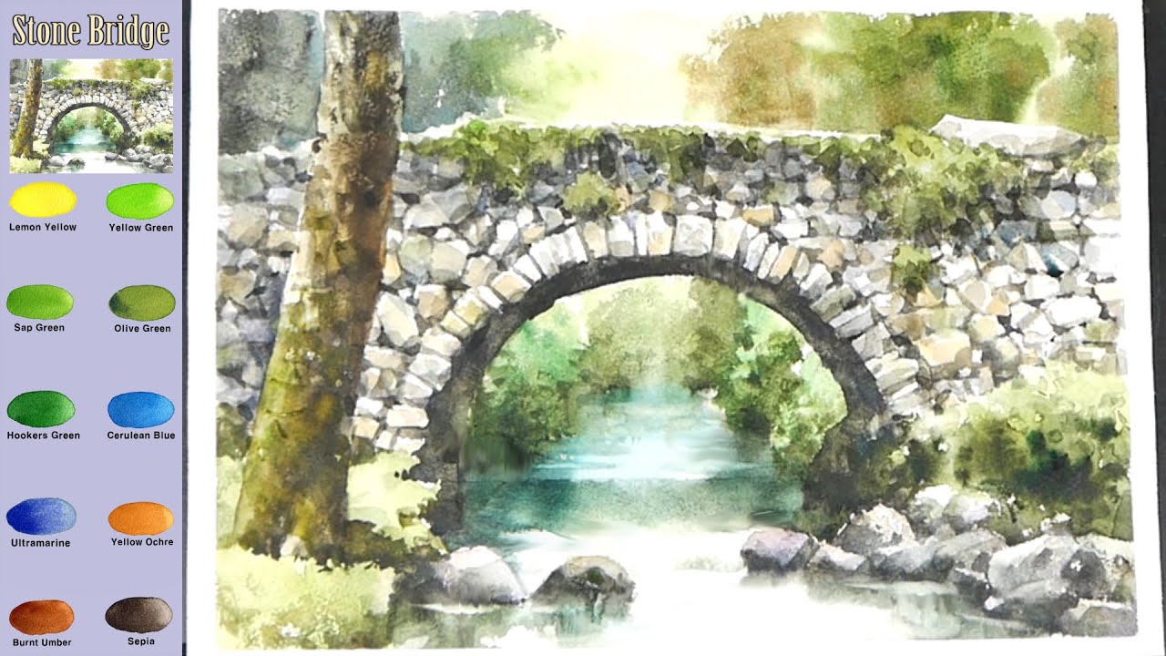 Without Sketch Landscape Watercolor - Stone Bridge (color mixing view) NAMIL ART