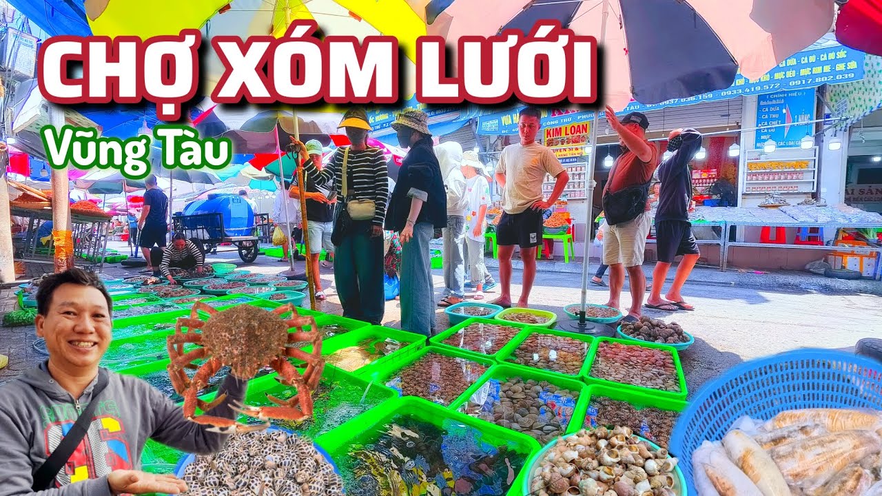 Chợ Xóm Lưới Vũng Tàu, Cua Biển 250K, Tu Hài 400, Ghẹ 280K, Tôm Sú Biển 350K.