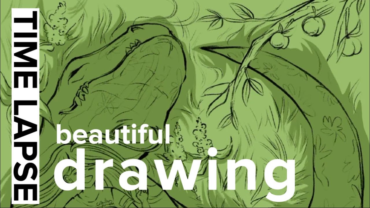 Procreate Time-Lapse: Dinosaur & Cute Girl in Blooming Garden 