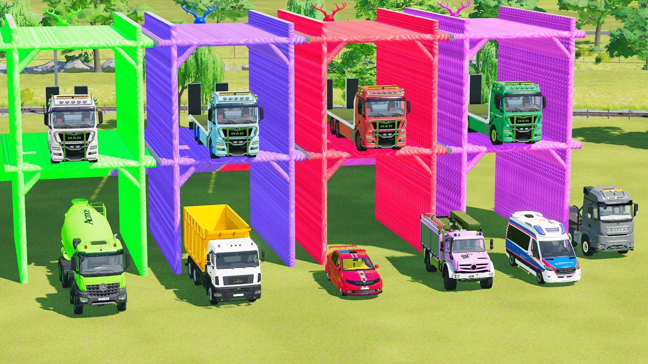 TRANSPORTING POLICE CARS, FIRE DEPARTMENT, AMBULANCE WITH MAN TRUCKS TO COLOR GARAGE ! FS22 240