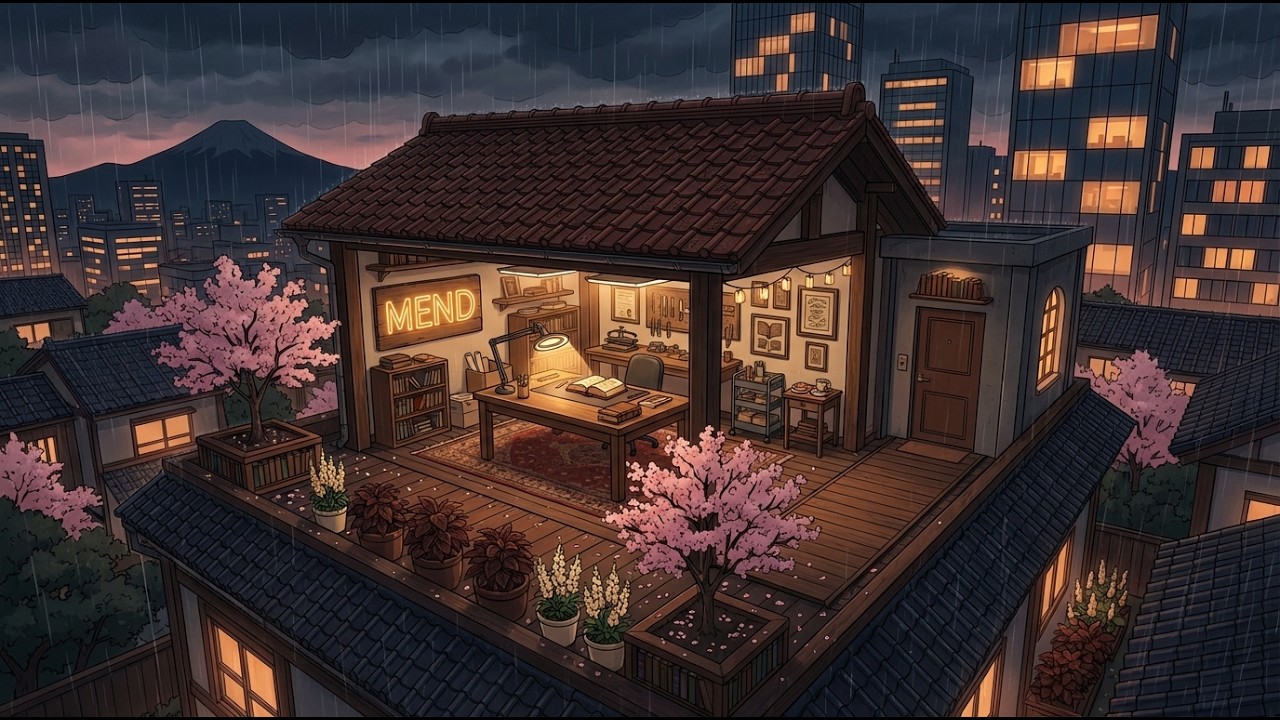 Rooftop After Dark Study Lofi 🌙 Floating Lofi Beats 🌧️🌸 Spring Night Rain for Focus & Mental Flow