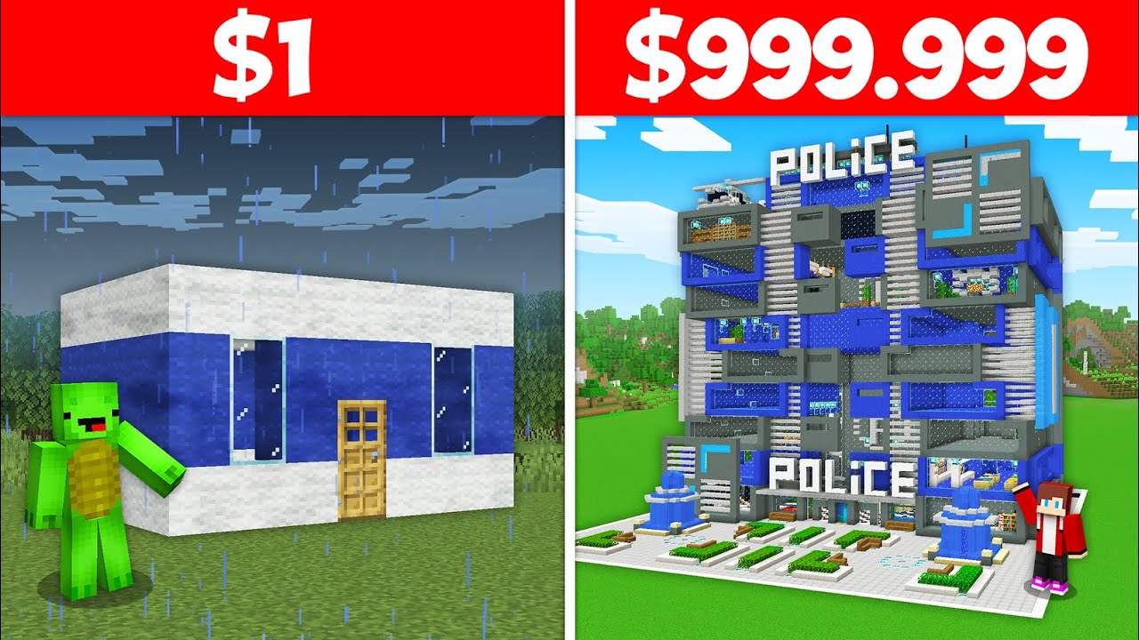 JJ and Mikey $1 vs $99999 BUILD CHALLENGE Police Station in Minecraft - Maizen
