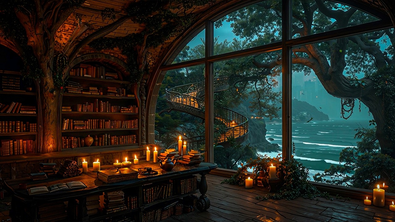 A Peaceful Night in a Candlelit Coastal Library | Warm Tea & Candlelight | Dark Academia Ambience