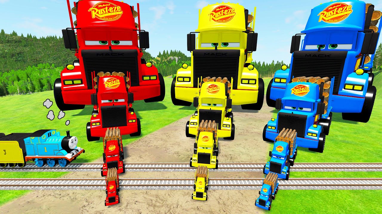 Big & Small Long: Red Mack Truck vs Green Mack Truck vs Blue Mack Truck with Logs vs Trains - BeamNG