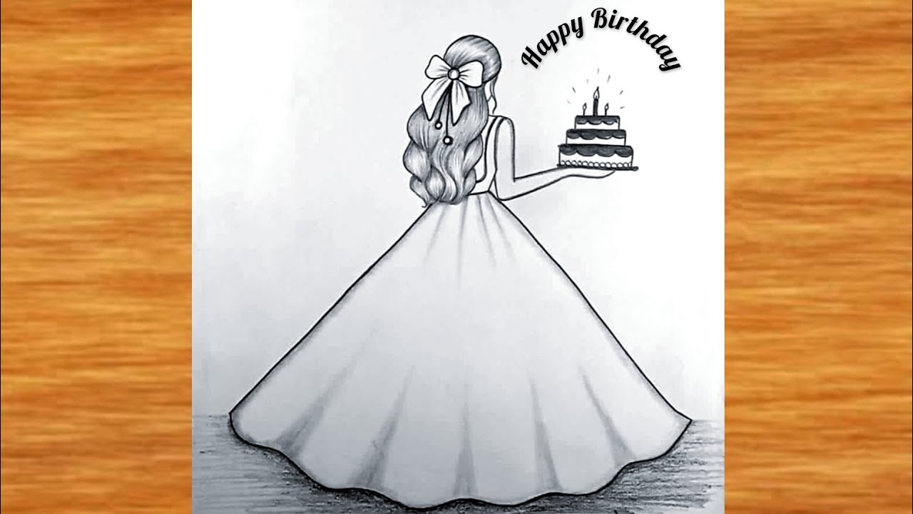 Happy Birthday Girl Drawing || girl holding cake Drawing easy || Pencil drawing easy for Birthday