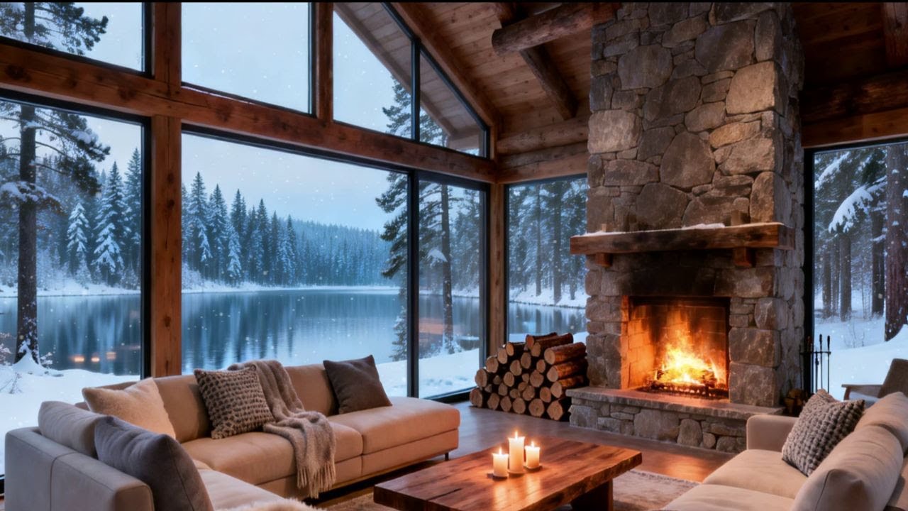 Snowglass Cabin Jazz 🎷🔥 Calm Lake, Warm Fire