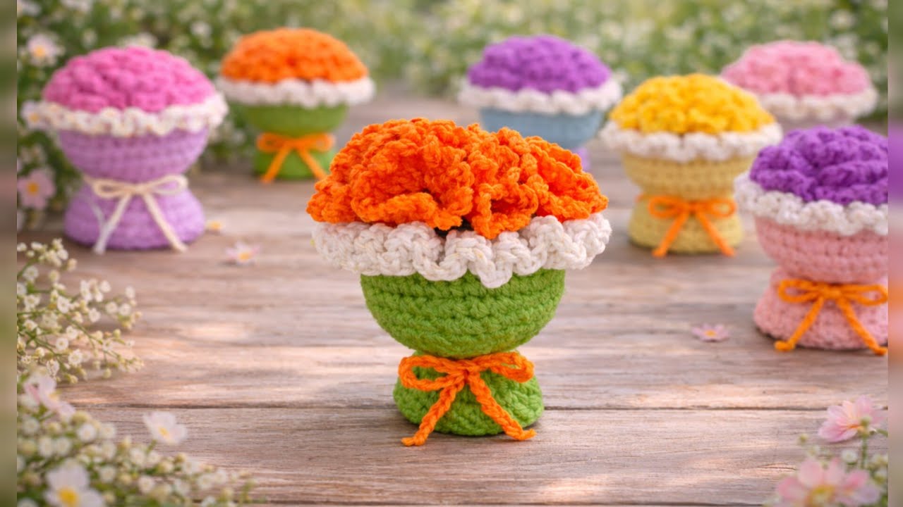 Crochet Carnation Flower Bouquet Pot 🌸 Easy Crochet Flower Tutorial for Beginners ll