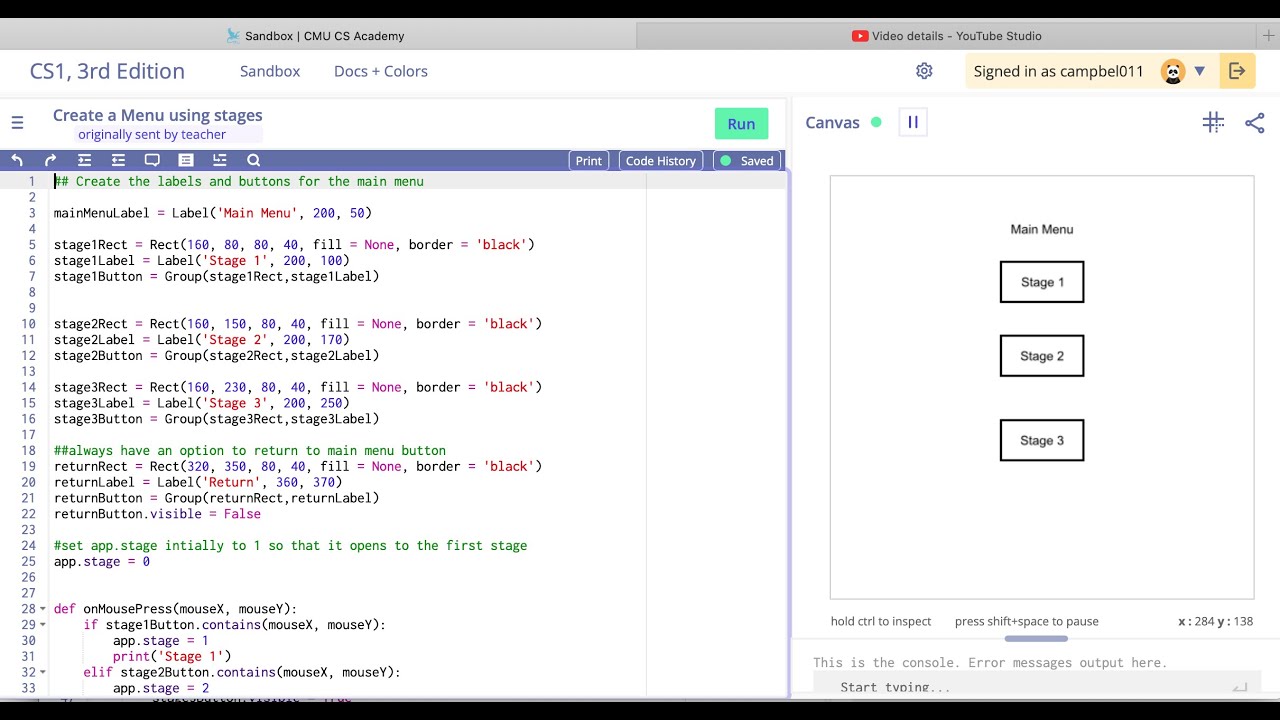 CMU CS Academy: Building a Main Menu to Control the Stages of Your Game