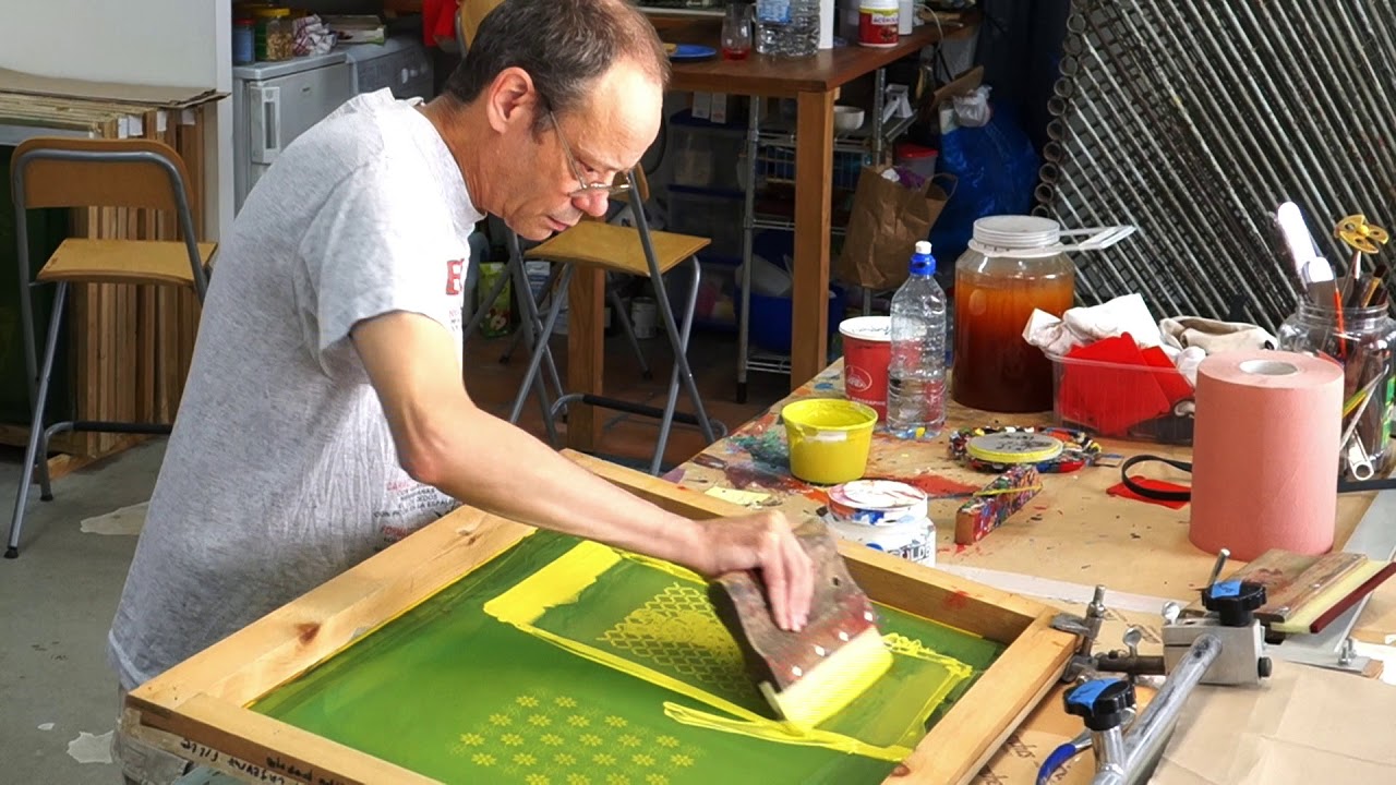 JEAN-PIERRE SERGENT AT WORK SILK SCREENING HIS SMALL WORKS ON PAPER #4