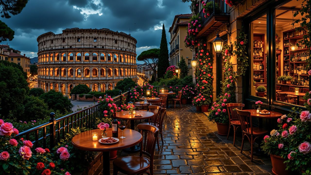 Romantic Outdoor Coffee Shop In Rome ☕ Relaxing Jazz Tunes For Stress-Free Moments