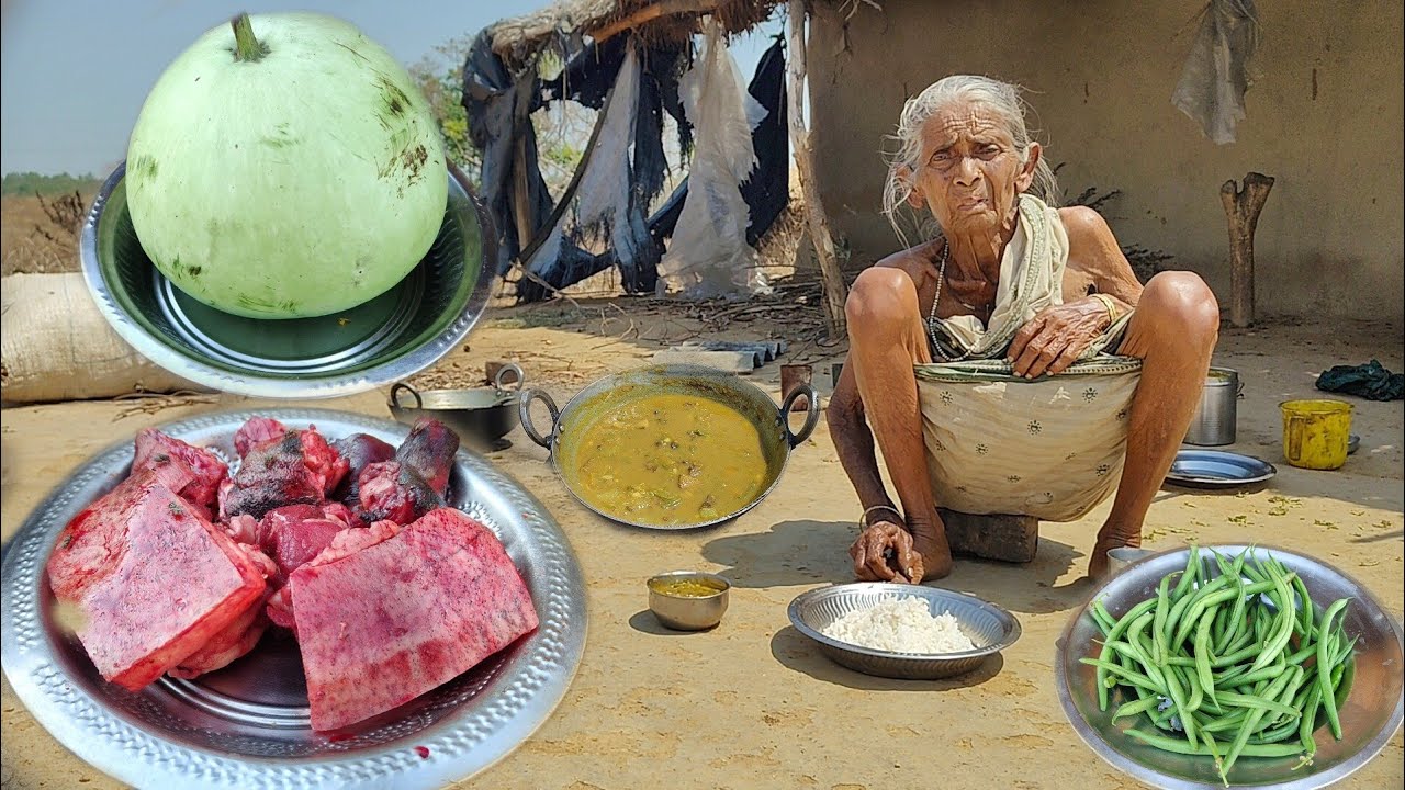 90 year old poor Grandma cooking PORK CURRY with Gourd recipe and eating|| Grandma Village kitchen