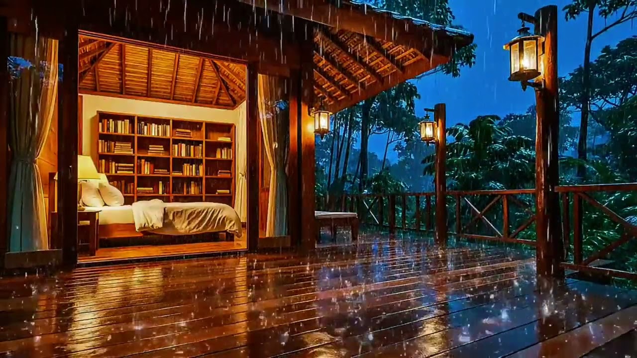 Heavy Rain on a Cozy Jungle Cabin 🌧️📚 Relaxing Tropical Night for Deep Sleep