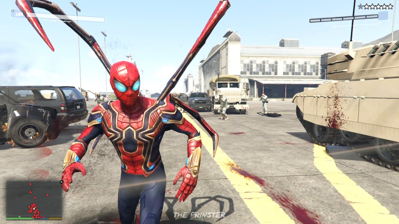 GTA 5 - Spiderman In Military Base + Six Star Wanted Level Rampage