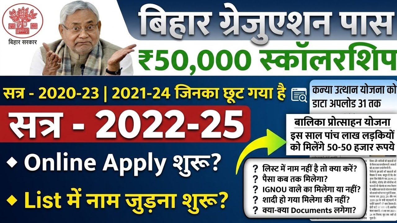 Bihar Graduation Scholarship 2022-25 Online Apply शुरू 🔥 | Graduation Pass 50000 Online Apply 2026