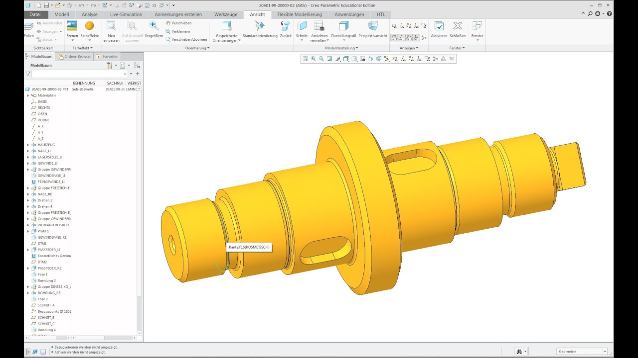 Creo 5.0 Uebung 2 Part 1/2 – Getriebewelle - Erstellen des 3D-Modells