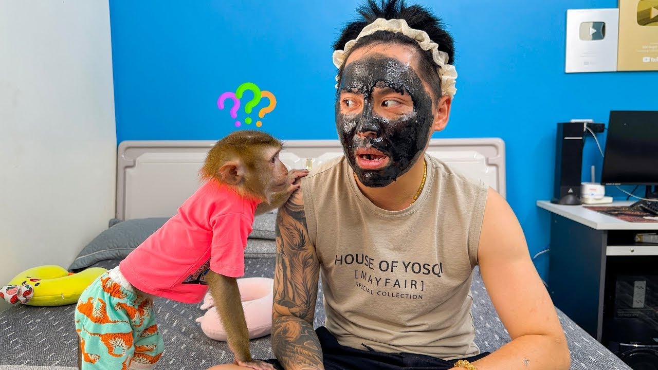 Monkey Kaka was curious about his dad's face.