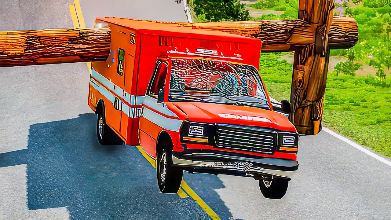 Ambulance Van & Buses Log Barrier Crush #beamngdrive #bus