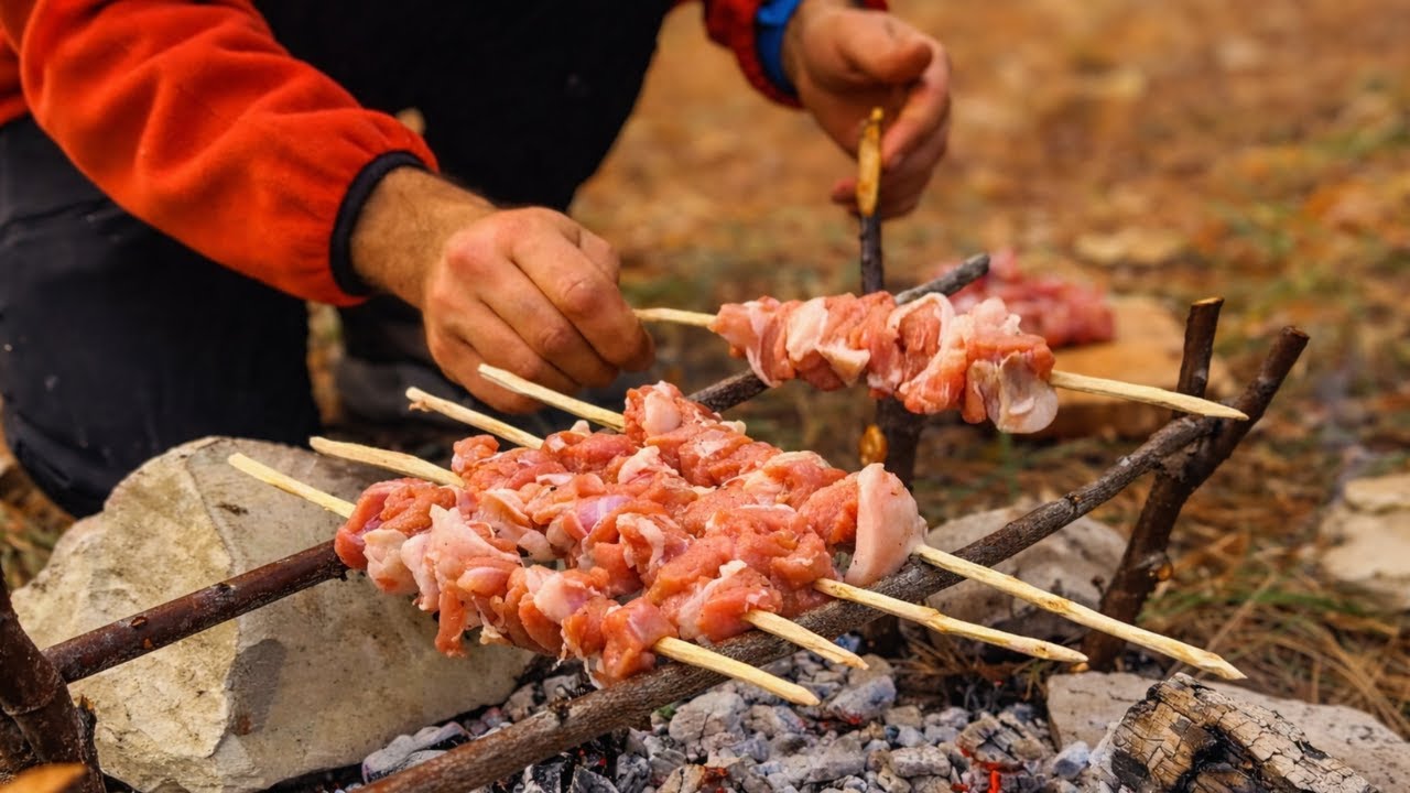 Traditional Lamb Skewers (Arrosticini) | Italian Campfire Cooking in the Forest | No Talking