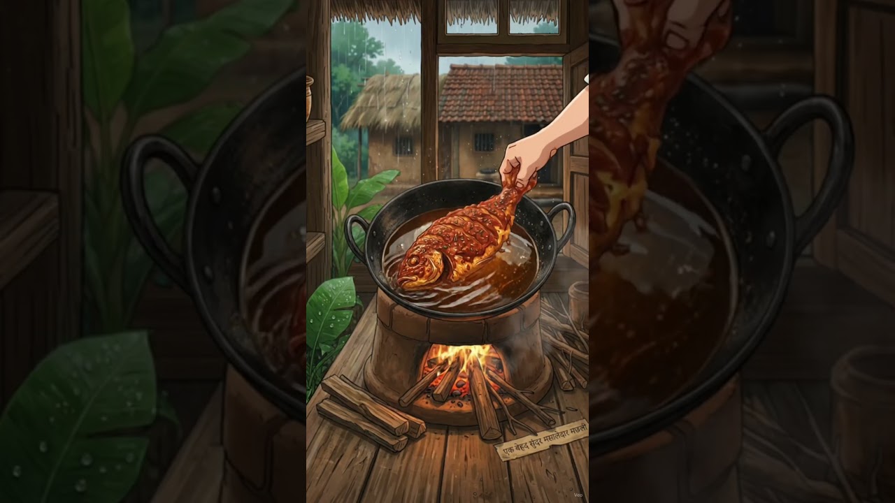 🌺cozy mansoon cocking Fresh Fish Fry in Rainy Village 🌧️🔥 | Ghibli AI Food ASMR #shorts #cooking