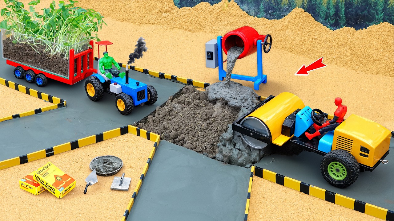 DIY Mini Tractor & Road Roller Making a Concrete Road | Science Project