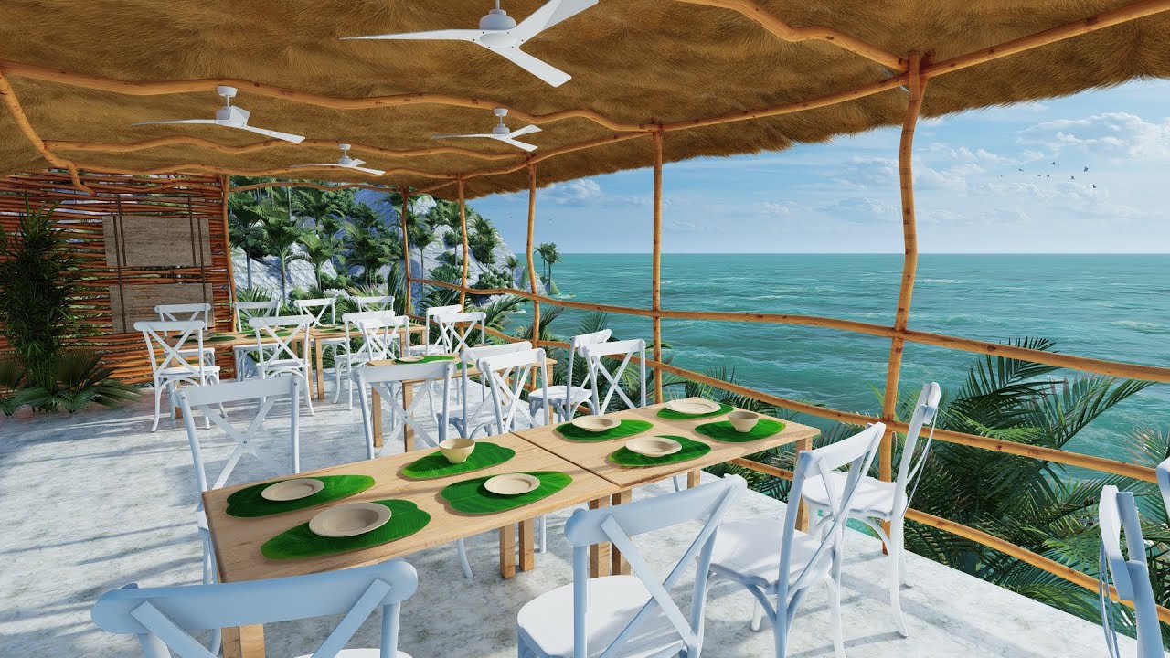 Beach Cafe Ambience - Seaside Outdoor Coffee Shop Sounds | Bossa Nova | Ocean Sounds - ASMR | 4K