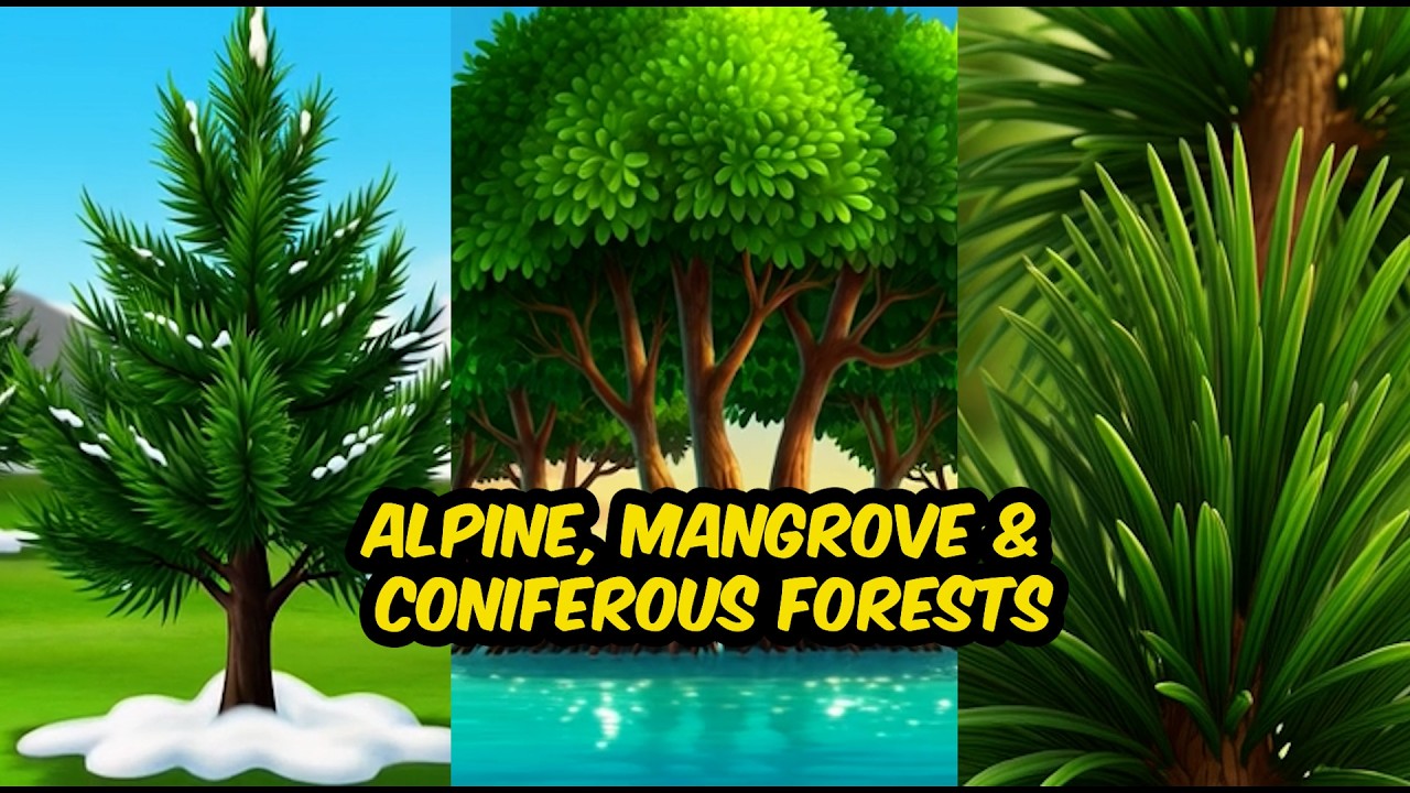 Types of Forest Alpine Coniferous and Mangroves features and Locations Digital Comic animation Pakst
