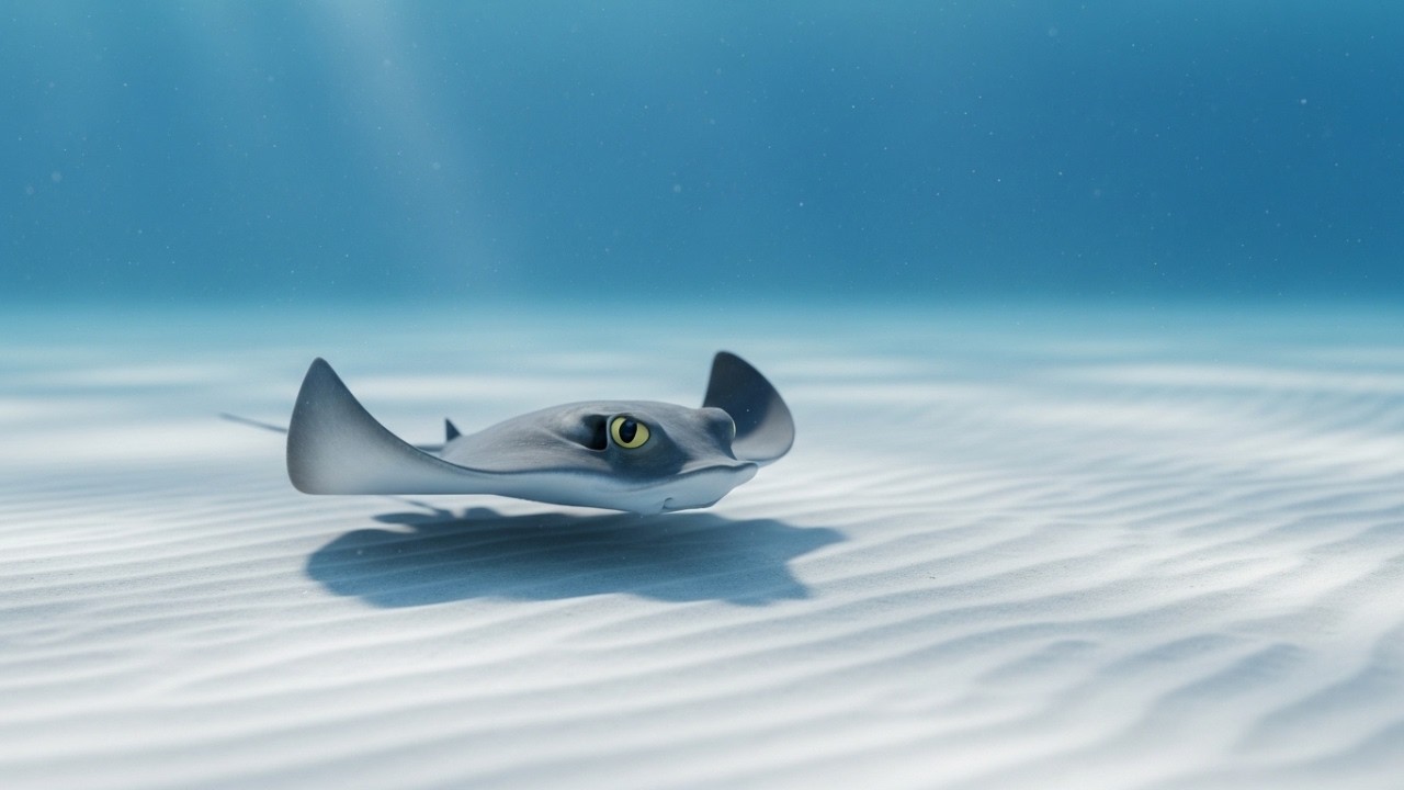 A Gentle Baby Ray Tracing Quiet Patterns Beneath Blue Waters