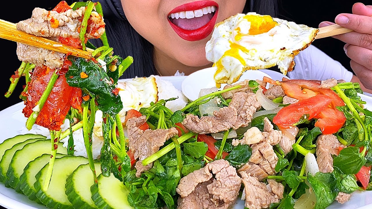 ASMR EATING STEAK WATERCRESS RICE PLATTER MUKBANG 먹방 Eating Sounds (NO TALKING)