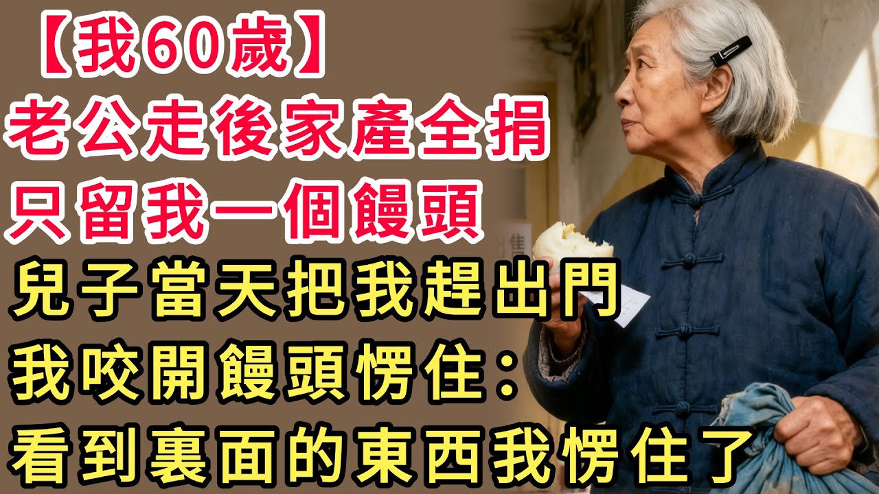 我60歲，老公走後家產全捐，只留我一個饅頭。兒子當天把我趕出門，我咬開饅頭愣住：看到裏面的東西我愣住了#晚年生活 #中老年生活 #為人處世 #生活經驗 #情感故事