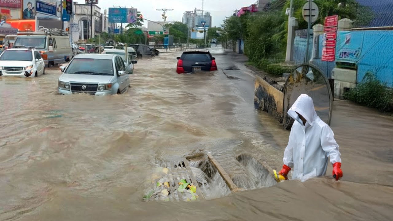 Clogged Storm Drain Clash Draining Street Floods