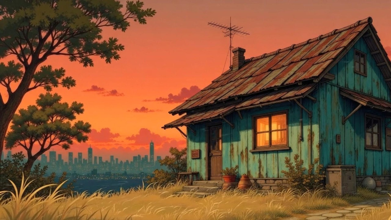 (NO ADS) Cozy Japanese Cabin at Sunset 🌅 City View & Chill Lofi Beats 🎧 Study / Relax