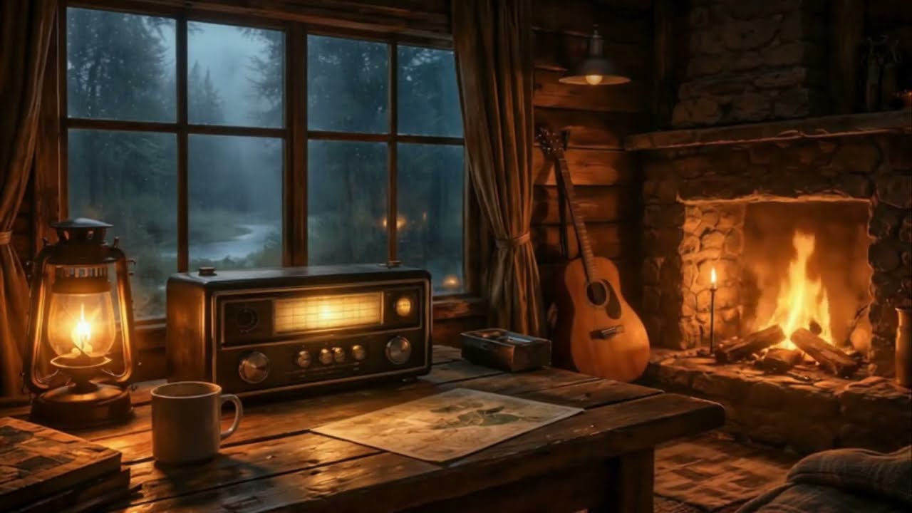 Lonely Forest Tower Radio 🌧️ Rainy Cabin Guitar • Cozy Campfire Night Ambience