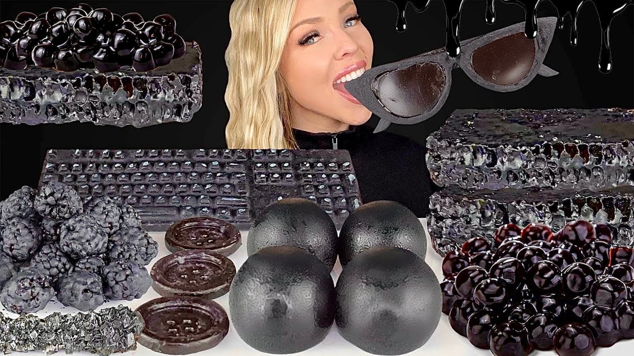 ASMR BLACK DESSERT, EDIBLE KEYBOARD, CANDIED HONEYCOMB, ISOMALT CANDY BLACK BUTTON MUKBANG 먹방