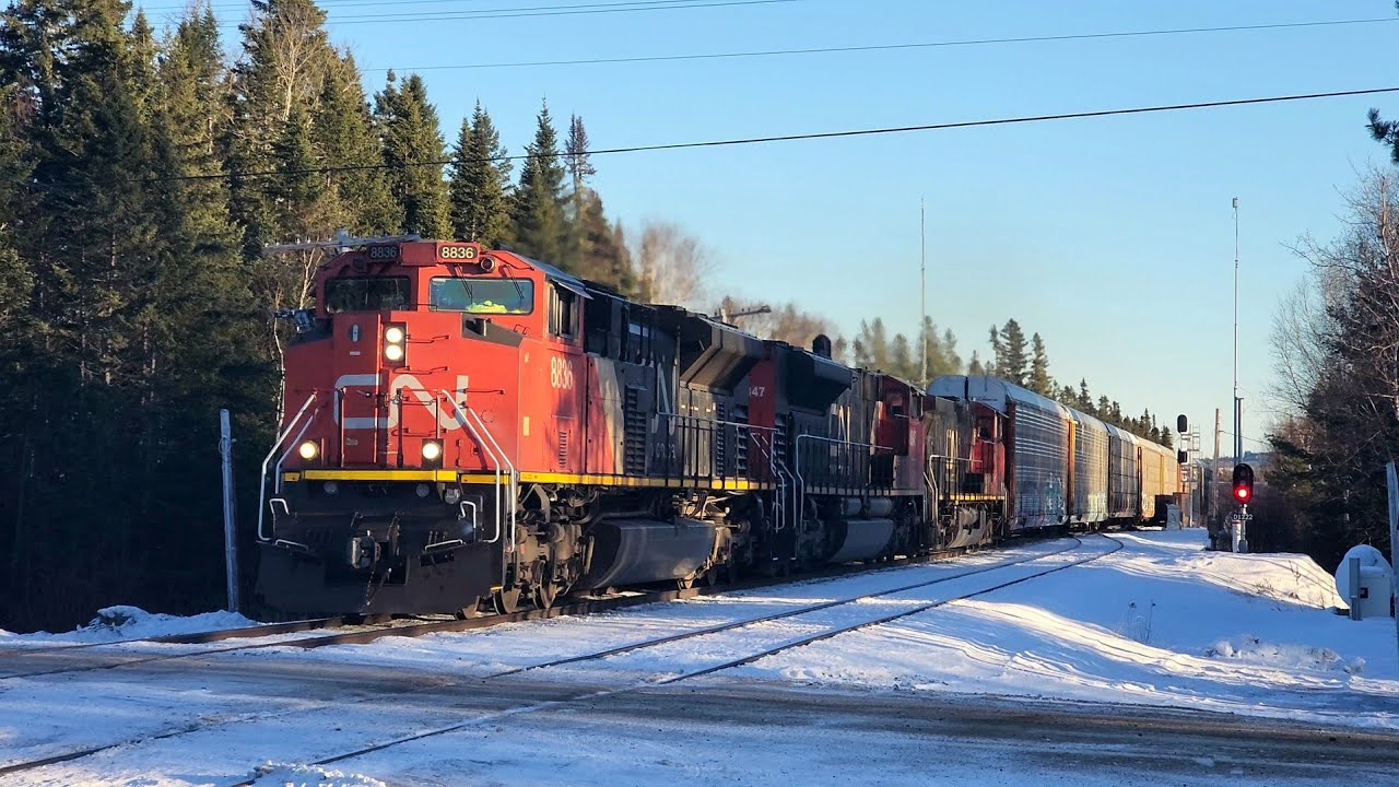 SD70M-2 Locomotive Leads Long Manifest Train CN 305 Through Juniper NB
