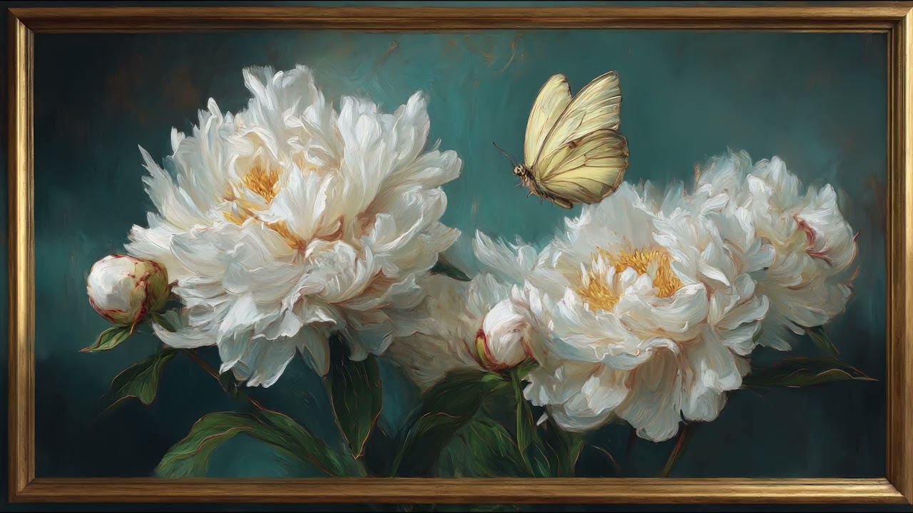 Vintage White Peonies Painting | TV Art with Gold Frame | Artistic Screensaver | 8 Hours
